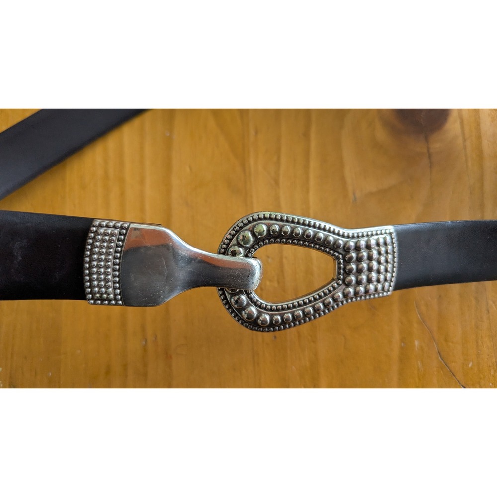 Black‎ Leather Western Belt Silver Beaded Hook Eye Buckle Adjustable 41 Inch